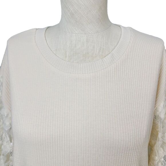 NEW Grace & Emma Top M Cream Ribbed Knit Lace Sleeve Pullover Relaxed Fit Blouse - Picture 2 of 12